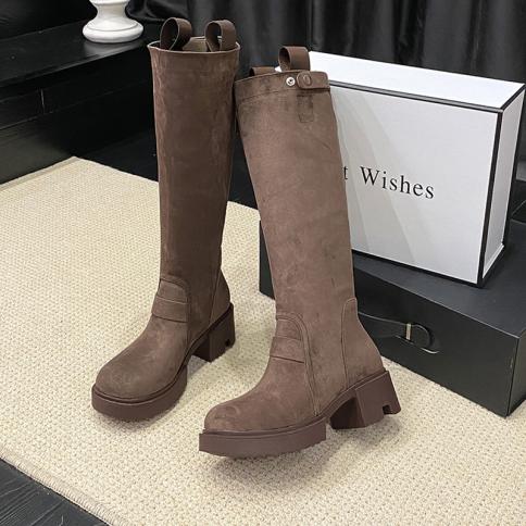 Women Winter Mid Heels Chelsea Boots Platform Knee High Shoes New Trend 2023 Fad Motorcycle Boots Goth Suede Casual Wome