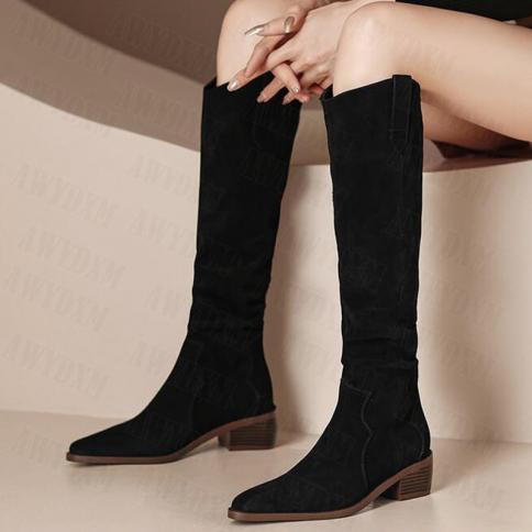 Women's Winter Shoes 2022 Luxury  Women's Pointed Long Boots  Suede Mid Heels Shoes  Women's Boots  