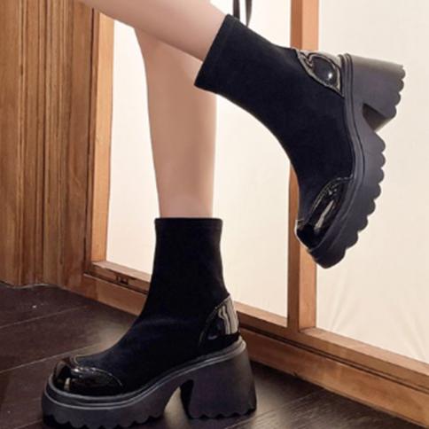 נשים נעלי עקב ביניים נעלי אופנה קרסול צ'אנקי מגפי צ'לסי 2023 חורף טרנד חדש נעלי קז'ואל משאבות מגפי אופנוע גותי
