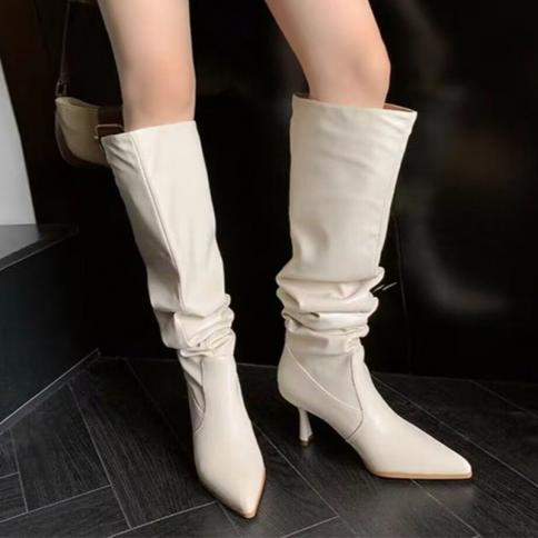 Women Winter Fashion Mid Heels Boots Goth Knee High Stilettos Shoes 2023 New Pumps Casual Pointed Toe Women Chelsea High