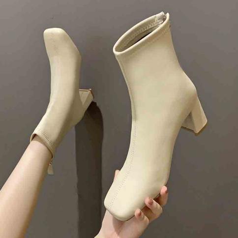 Winter New Trend Women Mid Heels Shoes Chunky Fashion Ankle Chelsea Boots 2023 Casual Dress Pumps Goth Square Toe Women 