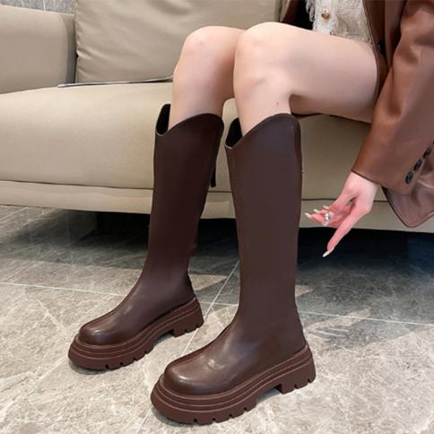 2023 Winter Knee High Chelsea Boots Women Mid Heels Platform Shoes Fad Goth Motorcycle High Boots New Trend Casual Women