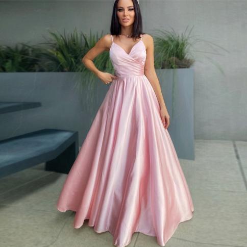Pink  V Neck Evening Dresses Satin Pleated Sleeveless A Line Prom Gowns Formal Party Fashion Celebrity Strap 2023 Robe D