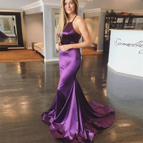 Purple Mermaid Evening Dresses  Women's Backless Satin Formal Party Pleated Princess Beach Prom Gowns Party Fashion Robe