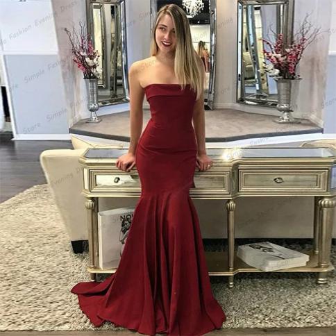 Wine Red Satin Pleated Evening Dresses Mermaid  Women's Off Shoulder Sleeveless Robe Prom Gowns Fashion Celebrity Formal