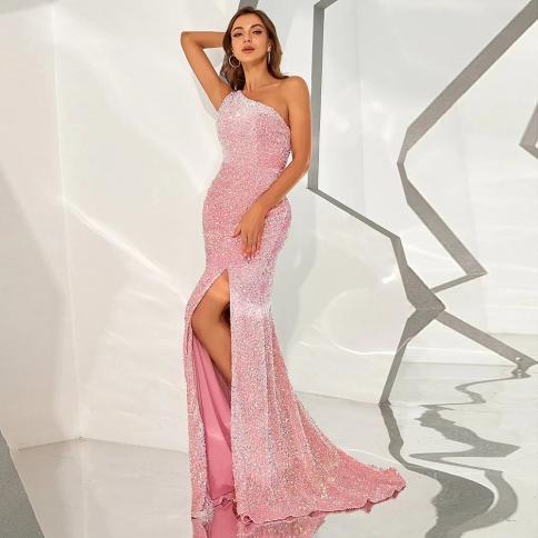 Elegant Pink Mermaid Evening Dresses For Women 2023 Strapless Velvet Sequin With Side Slit Formal Prom Wedding Party Gow