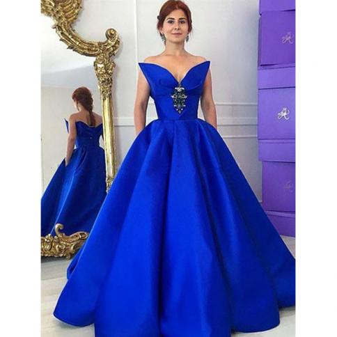 Blue A Line Evening Dresses Satin  Women's V Neck Sleeveless Princess Prom Beach Wedding Party With Decals Simple Fashio