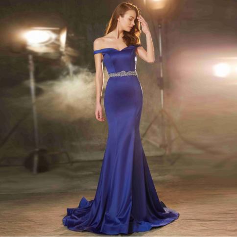 Simple Gorgeous Women's Evening Dresses Mermaid Satin Blue Shiny Beads Off Shoulder Sleeveless Prom Gowns Fashion Celebr