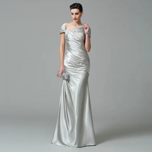 Grey Mermaid Evening Dresses Satin Pleated Princess Prom Fashion Celebrity Cocktail Gowns Formal Party Backless Sleevele