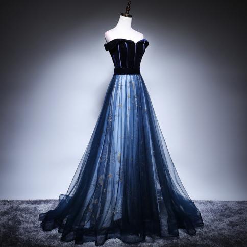 שמלות ערב מחוץ לכתף זה שמלת ערב כחול כהה שמלות ערב עם צווארון סירה קו חלוק סוריה