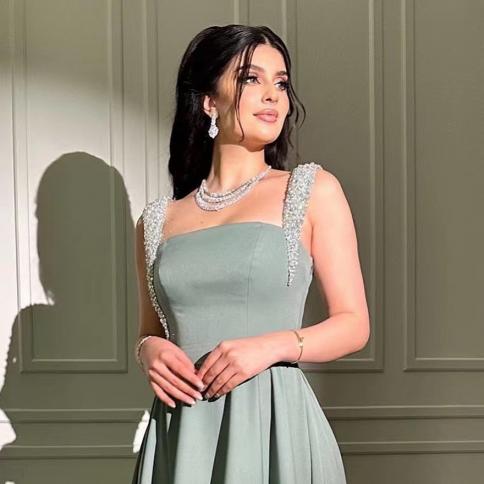 וינטג' סייג ירוק סאטן שמלות ערב ארוכות חרוזים מבריק רצועות שמלת מסיבה 2023 דובאי ערב הסעודית נשים פורמלי נשף ג