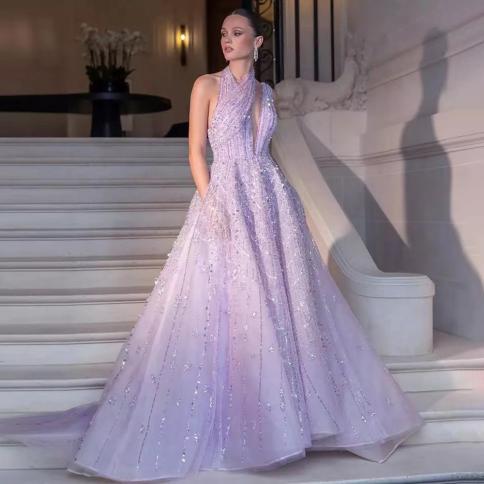 Luxury Beaded Dubai Lilac Evening Dresses For Women Wedding Party 2023 Elegant Long Arabic Prom Formal Gowns