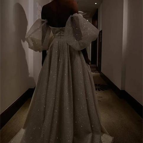  Puffy Sleeves Prom Dress Glitter Ball Gown Party Dress Tulle Sweep Train Prom Evening Dress Vestidos De Fiesta
