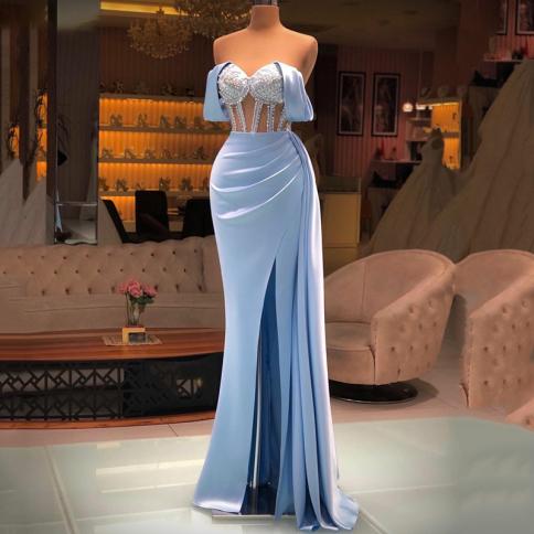 Luxury Ladies Elegant Sweetheart Sleeveless Prom Evening Dress Blue Mermaid Pleated Off Shoulder Slit Satin Vestidos De 