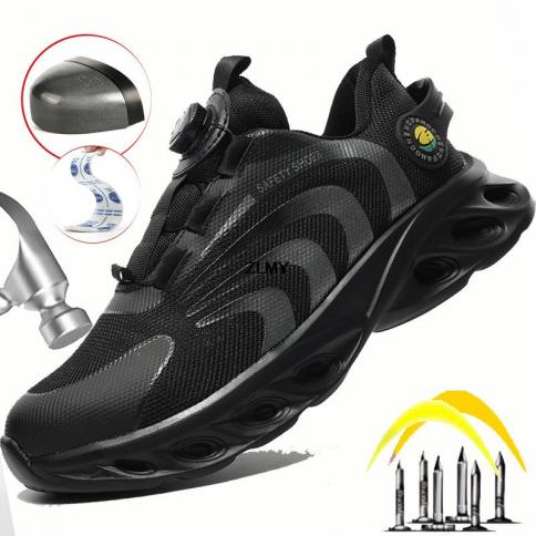 נעלי בטיחות בעיצוב חדש לגברים כפתור מסתובב בוהן פלדה נעלי ספורט קלות משקל חסינות פנצ'ר נעלי עבודה לגבר מגפי בטיחות