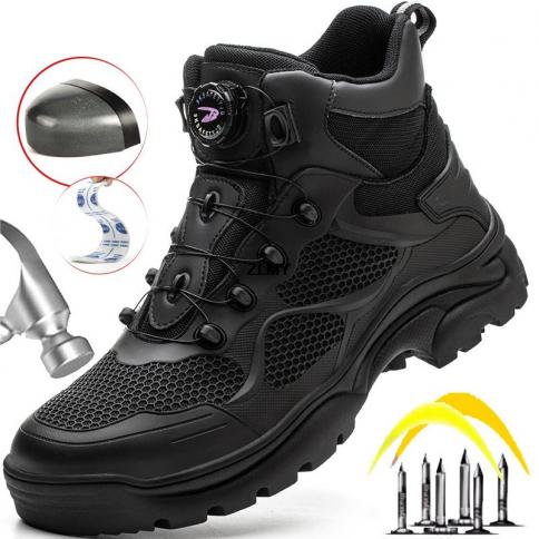 מגפי בטיחות בלתי ניתנים להריסה גברים נעלי בטיחות בנייה נגד ריסוק נגד דקירה להגן על הנעלה כפתור חדש מסובב