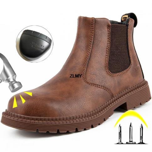 נעלי בטיחות אטומות למים גברים מגפי עבודה חסינות פנצ'ר מגפי צ'לסי פלדת עור לגברים