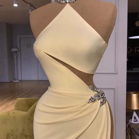 Sleeveless Long Evening Dresses  Backless Cutaway Sides Beads Sequins High Split Prom Party Gowns Robe