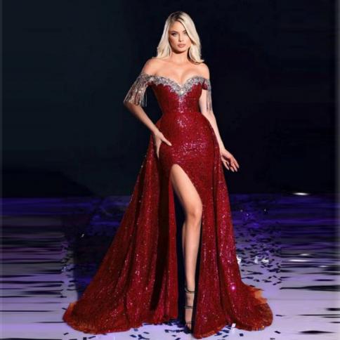 Wine Mermaid Evening Dresses Sparkling Beads Princess Prom Gowns Side High Split  Sleeveless Off Shoulder 2023 Robe Vest