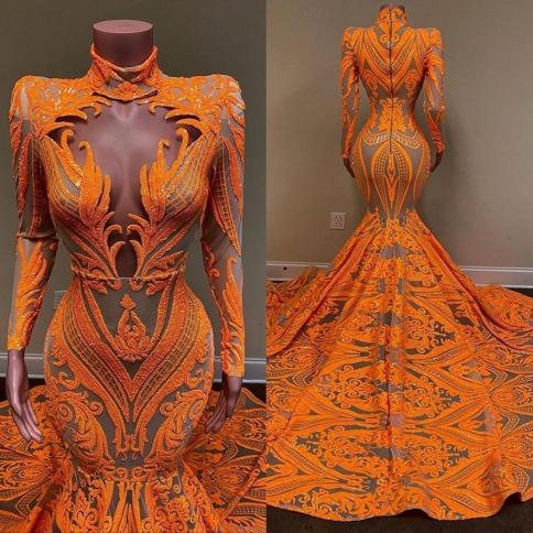 Orange Mermaid Prom Dresses Long Sleeves Deep V Neck  Sequined Applique African Black Girls Fishtail Evening Wear Dress 