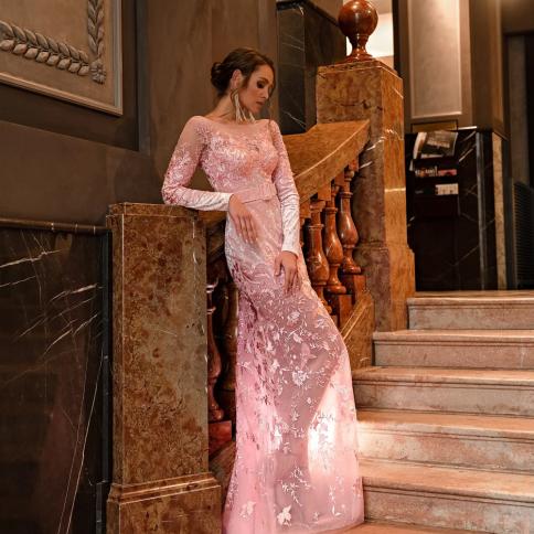 Pink Evening Dresses O Neck Long Sleeves Formal Mermaid Prom Dress Velor Party Gowns Appliques Floor Length 2023