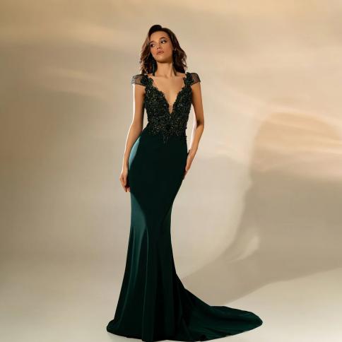 Dark Green Evening Dresses  Deep V Neck Prom Dress A Line Short Sleeves Mermaid Party Gowns Backless Formal Occasion Dre
