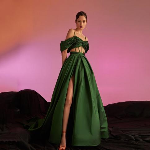  Green Evening Dresses Spaghetti Strap Prom Dress Off The Shoulder A Line Party Gowns Pleat Front Slit Formal Occasion D