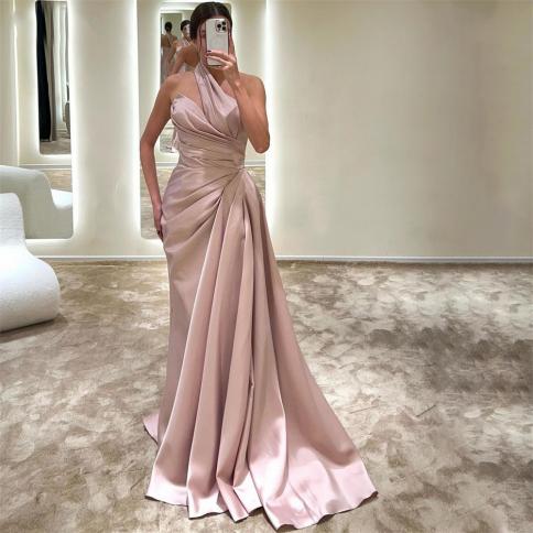 Pink Halter Neck Evening Dresses Satin Floor Length Sleeveless Party Dresses Elegant Ruched Backless 2023 Wedding Guest 