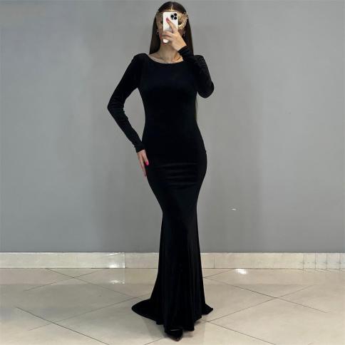 Black Mermaid Formal Occasion Dresses Floor Length O Neck Velor Full Sleeve Party Dresses Simple Open Back New In Dresse