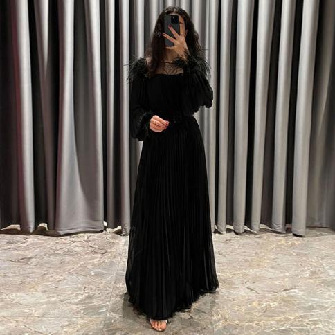 Black Chiffon Party Dresses For Women 2023 Floor Length Feathers With Belt O Neck Formal Occasion Dresses Full Sleeve ف
