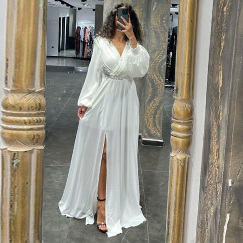 White Elegant A Line Evening Dresses For Women Chiffion Illusion V Neck Wedding Guest Gowns Full Sleeve Beading Vestidos