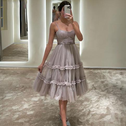 Sweetheart Tulle Prom Dresses For Women Tea Length Spaghetti Strap Evening Dresses A Line With Belt Wedding Guest Gowns 