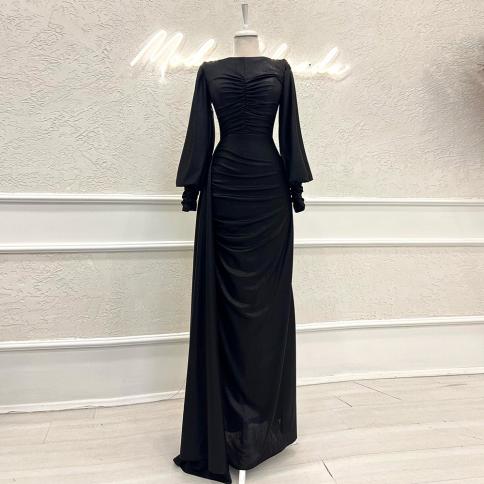 Simple Black Mermaid Evening Dresses O Neck Full Sleeves Elegant Pleat Prom Gowns Floor Length Custom Made Trap Long Eve