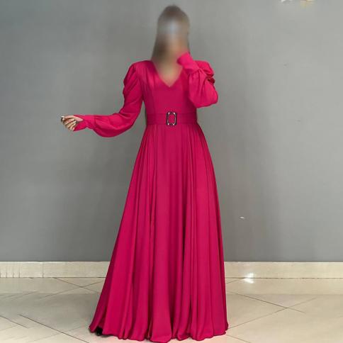 Pink Chiffon Evening Dresses For Women A Line Floor Length Party Dresses V Neck Full Sleeve With Belt 2023 Wedding Guest