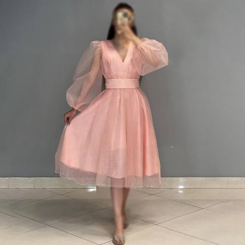 Pink Tulle A Line Evening Dresses Puffy Full Sleeve Knee Length Formal Occasion Dresses V Neck Glitter Simple Party Dres