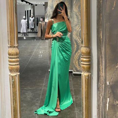 Green Mermaid Satin Prom Dresses Side Split Floor Length Evening Dresses Square Collar Sleeveless Crystal Wedding Guest 