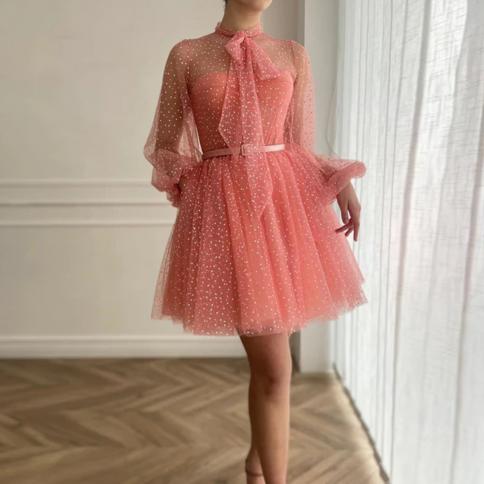 Rosa mini vestidos de formatura 2023 pontilhado uma linha com cinto elegante inchado manga cheia o pescoço vestidos de convidado