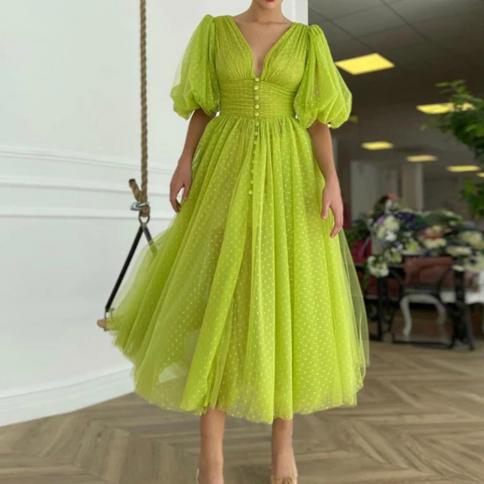 Limão verde pontilhado vestidos de noite para as mulheres 2023 verão inchado manga curta profundo decote em v casamento convidad
