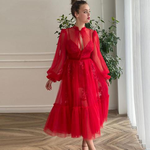 Vermelho a linha pontilhada vestidos de festa inchado manga cheia comprimento chá elegante casamento convidados vestidos o pesco