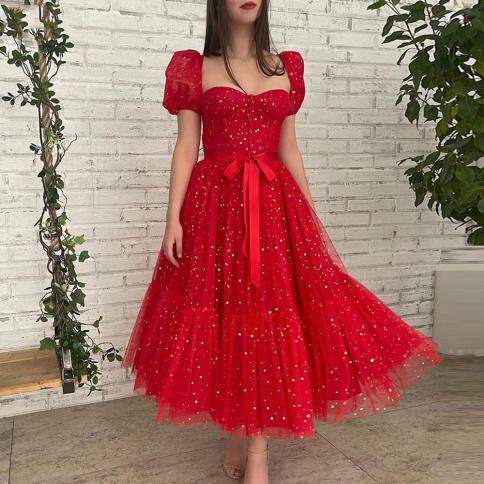 Querida vermelha 2023 vestidos de baile inchado manga curta uma linha comprimento do chá com cinto arco glitter zíper volta vves