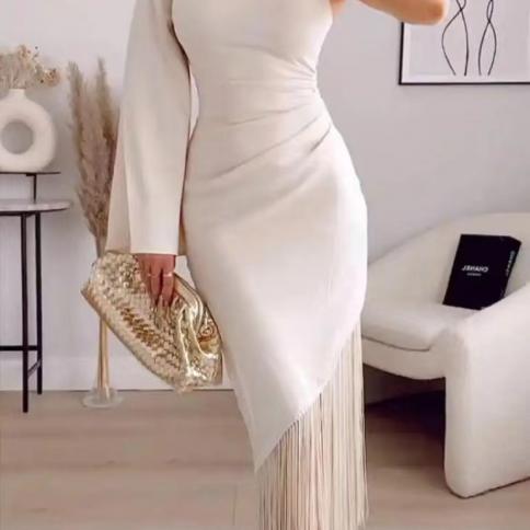 2023 Autumn Elegant Tassels Party Dress Women One Shoulder Slim Pleat Midi White Female Dresses Satin Hip Package Club S