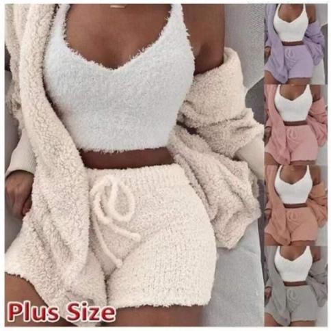 Autumn Winter 3 Piece Fluffy Outfits Plush  Backless Fleece Pyjamas Women Casual Sports Sweatshirt Home Wear Sets Tracks