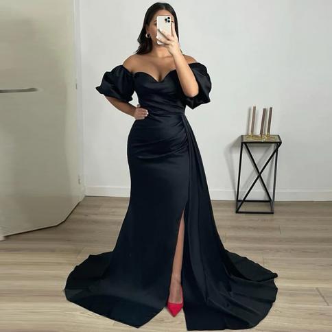 Black Satin Party Dresses 2023 Floor Length Side Split Evening Dresses Sweetheart Off Shoulder Wedding Guest Gowns فس