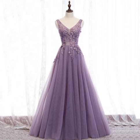 purple elegant evening dresses floor length deep v neck party dresses spaghetti strap appliques weddding guest gowns ف�