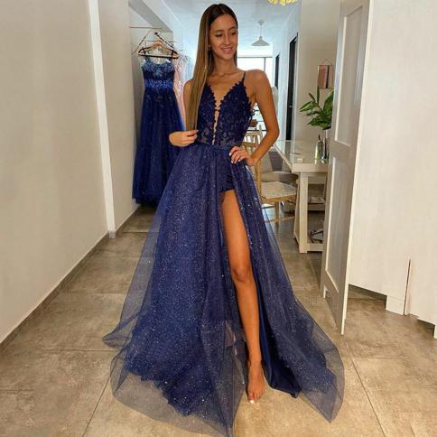 navy blue evening dresses for women 2023 sequined spaghetti strap party dresses floor length high side split v neck فس