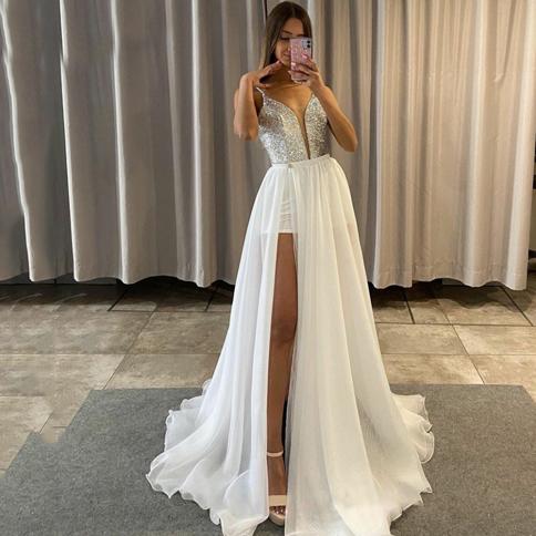 שמלות מסיבה שיפון קו 2023 רצועת ספגטי באורך הרצפה צווארון V עמוק צד מפוצל לראות דרך נצנצים vestido d