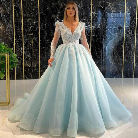 שמלות נשף כחולות סאטן קצר שרוולים נפוחים בצד שמלות מסיבת חתונה מפוצלות שמלות מסיבת חתונה עמוקות באורך רצפת צווארון V פשוט vestid