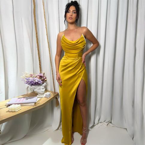 שמלות פרטי בת ים צהובות 2023 צד גבוה מפוצל סקופ באורך רצפת שמלות ערב סאטן אלגנטי בהתאמה אישית vestido de noc