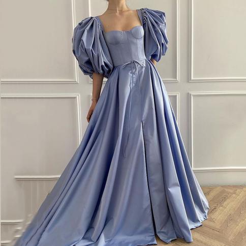 כחול קו שמלות ערב לנשים באורך רצפה סאטן נפוח שרוולים קצרים שמלות אורח כלה שמלות אורח חגורת קשת ווסטידו בהתאמה אישית