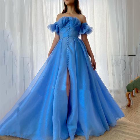 blue tulle a line party gowns side split off the  shoulder boat neck short sleeve glitter party dresses 2023 elegant ف�